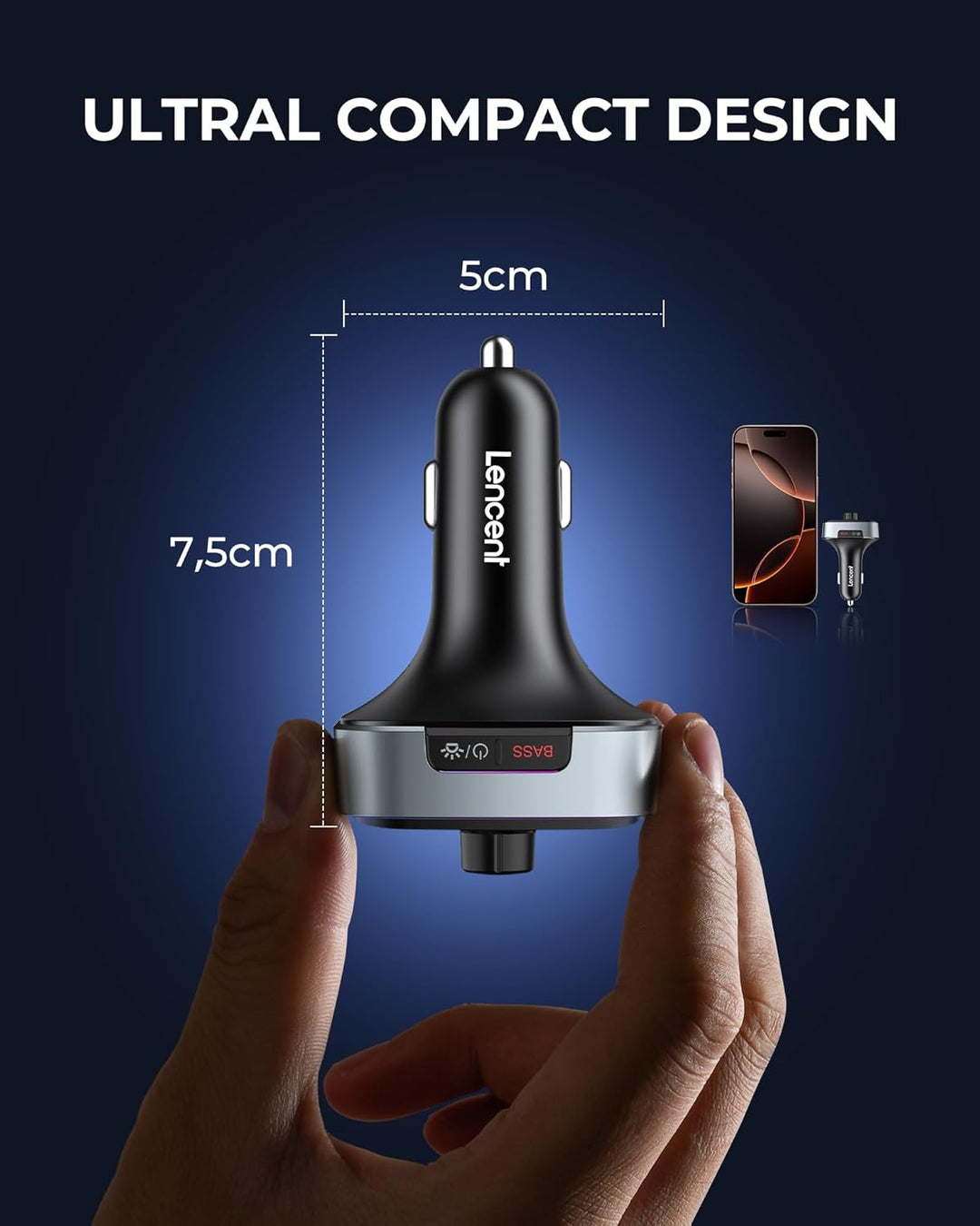 LENCENT Bluetooth 5.4 FM Transmitter Auto Bluetooth Adapter, 60 W PD 30 W Dual-USB-C-Schnellladung,