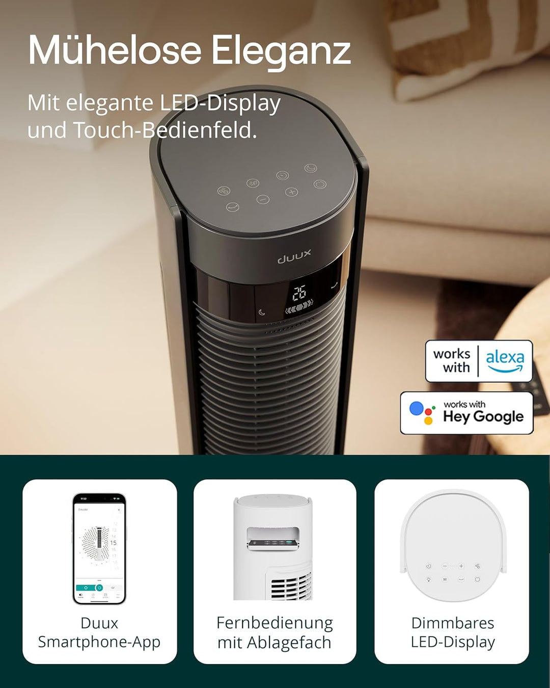 Duux Elevate Smart Turmventilator – 26 Geschwindigkeiten, 80° Oszillation, Nur 25 dB, Ionisator, Tim