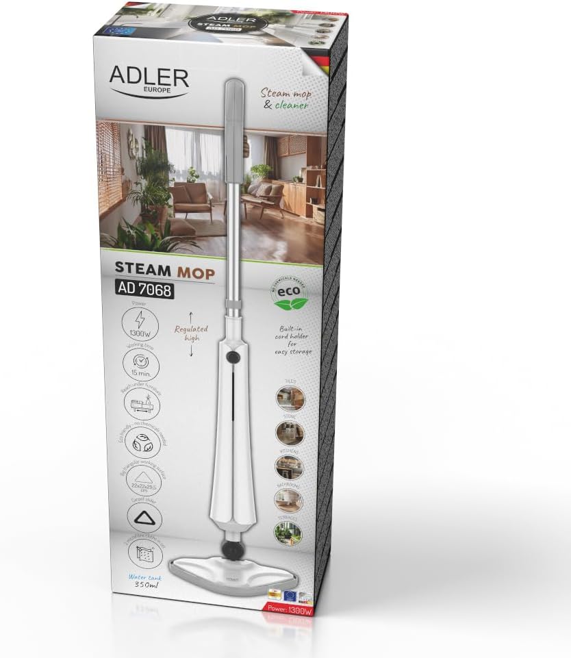 ADLER EUROPE Dampfreiniger Perfekt für Fussböden, Parkett, Fliesen und Teppiche, Mit heissem Wasserd