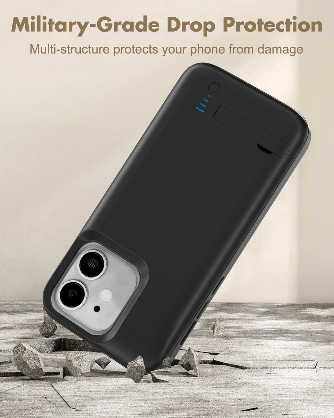 Gladgogo akku hülle für iPhone 12/12 Pro, 8500 mAh akkuhülle mit Ständer – Schwarz mit gehärtetem Gl