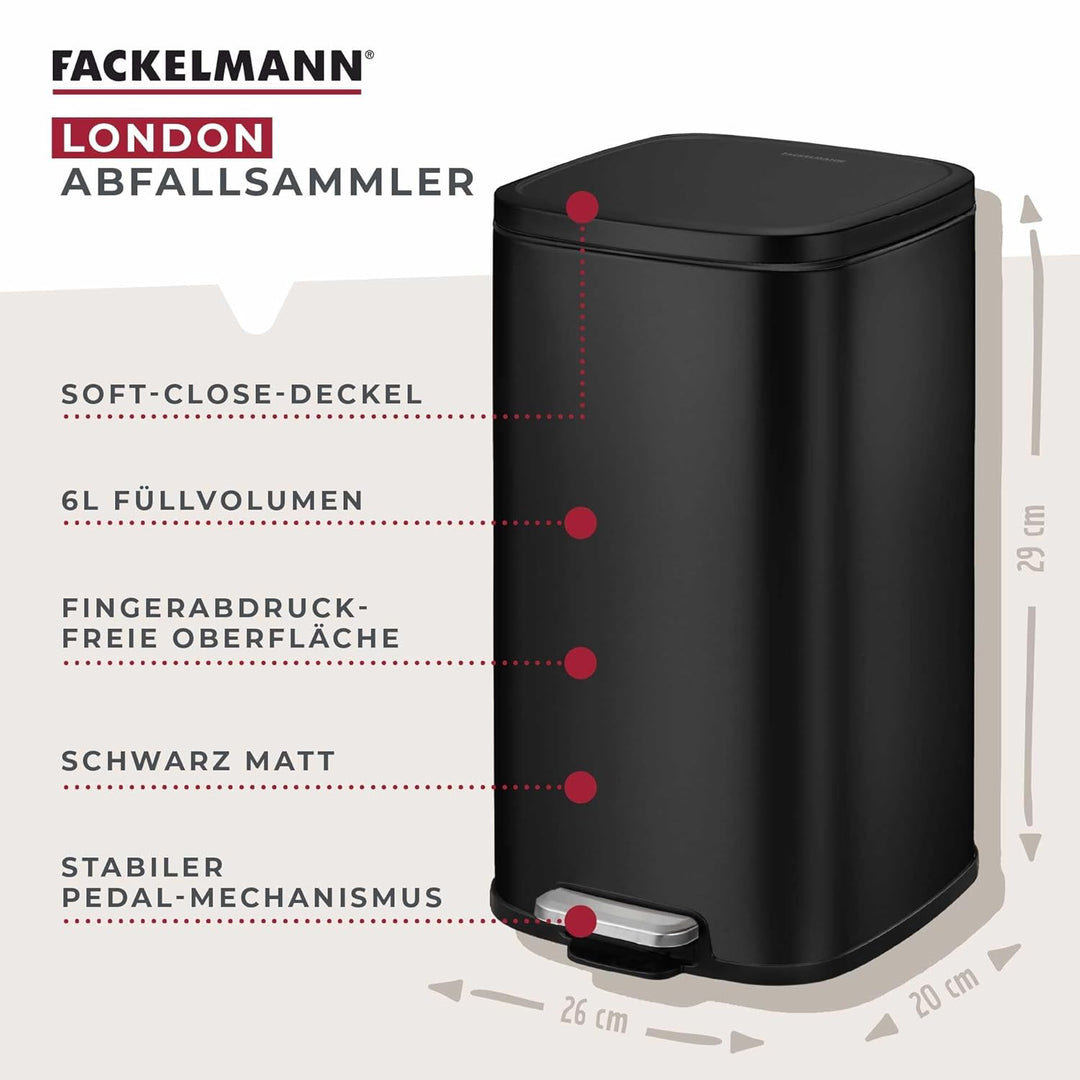 Fackelmann LONDON Pedal-Abfallsammler 6L – Stilvolles Design in Schwarz matt, Mit gedämpftem Deckel