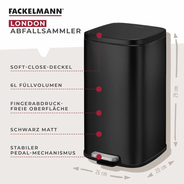 Fackelmann LONDON Pedal-Abfallsammler 6L – Stilvolles Design in Schwarz matt, Mit gedämpftem Deckel