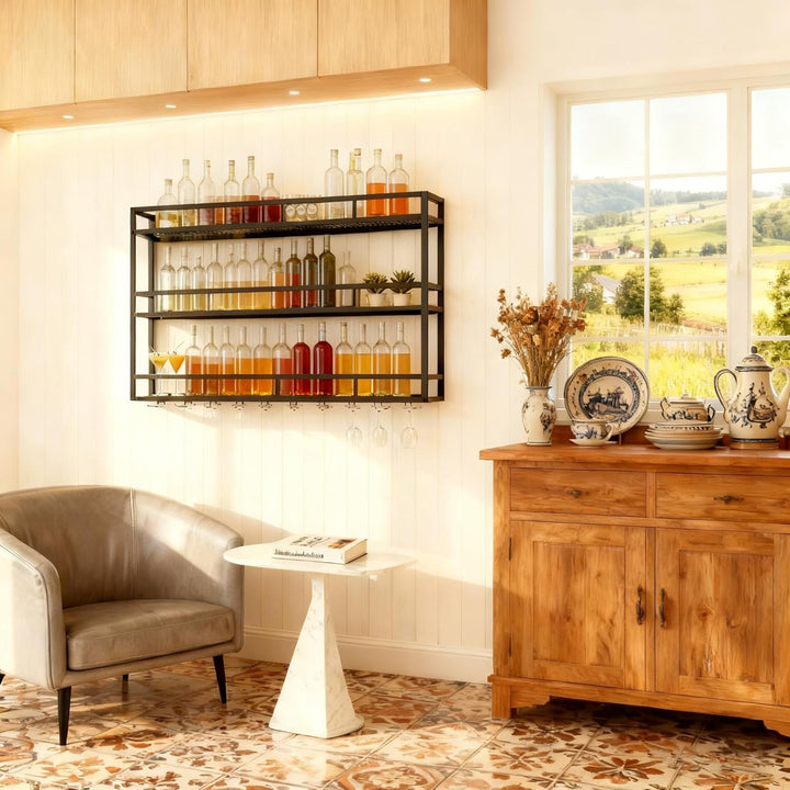 Weinregal zur Wandmontage aus Metall, 3-stufig mit Glashalter, stabiles Wand-Weinregal mit Schutzgel