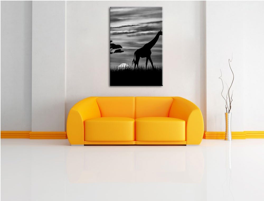Pixxprint Giraffe im Sonnenuntergang / 100x70cm Leinwandbild bespannt auf Holzrahmen/Wandbild Kunstd