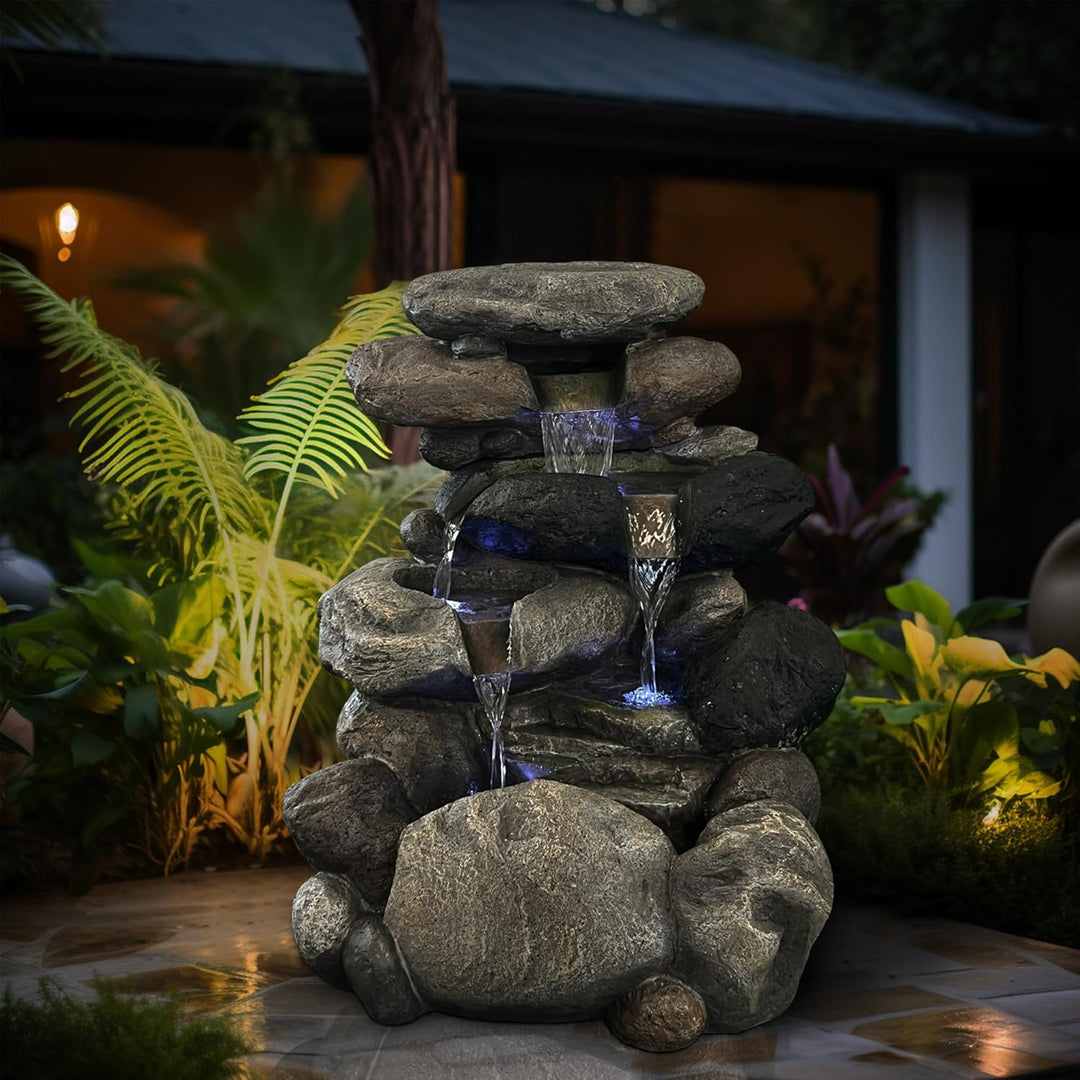 Köhko Springbrunnen Kieselstein Gartenbrunnen in Naturstein-Optik mit 4X LED Beleuchtung Höhe=68 cm