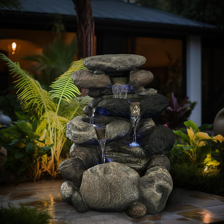 Köhko Springbrunnen Kieselstein Gartenbrunnen in Naturstein-Optik mit 4X LED Beleuchtung Höhe=68 cm