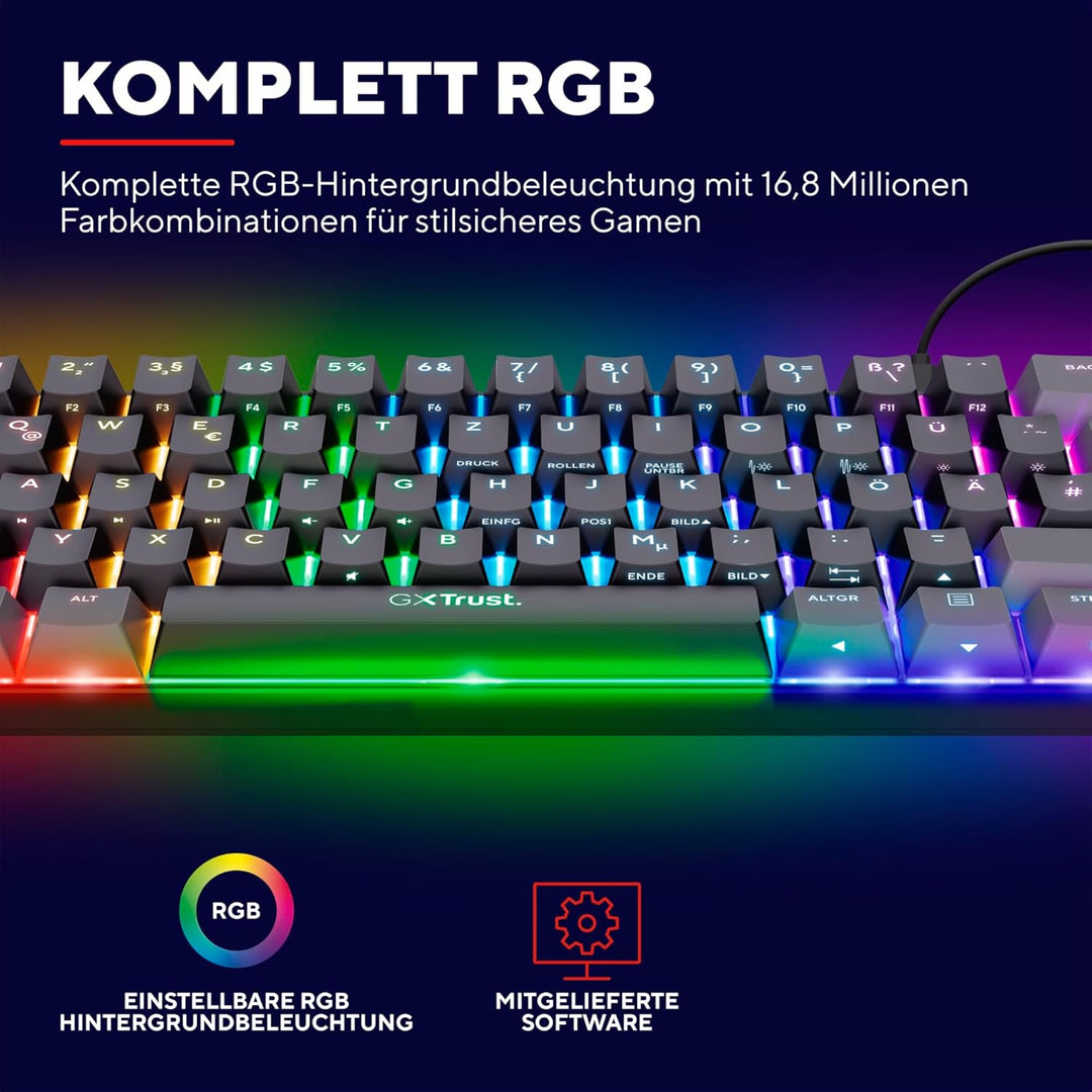 Trust Gaming GXT 867 Acira 60% Mechanische Tastatur Deutsches QWERTZ Layout, RGB Beleuchtung, Doppel