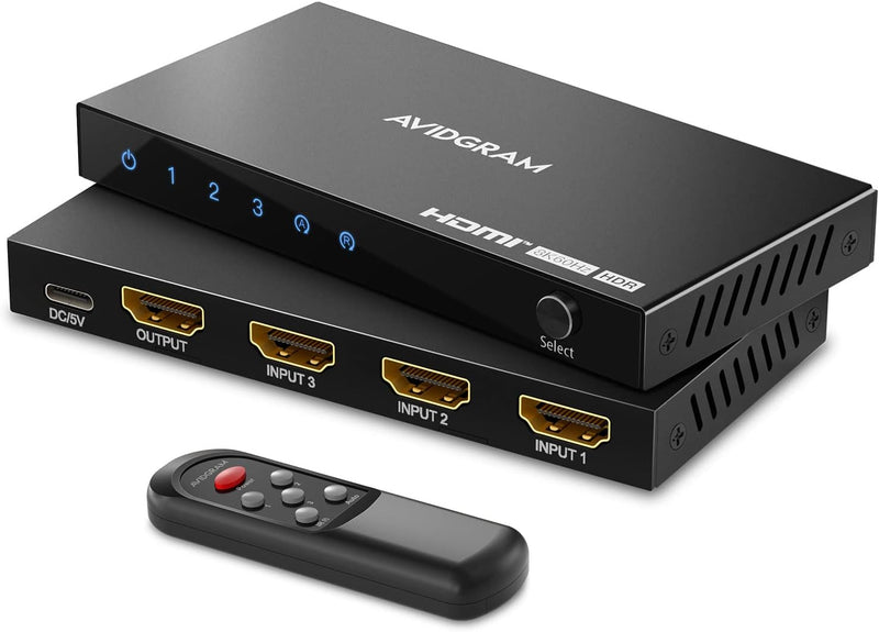 4K 120Hz HDMI 2.1 Switch 3 In 1 Out, AVIDGRAM 8K 60Hz HDMI Umschalter 3x1mit IR-Fernbedienung, 3 Por