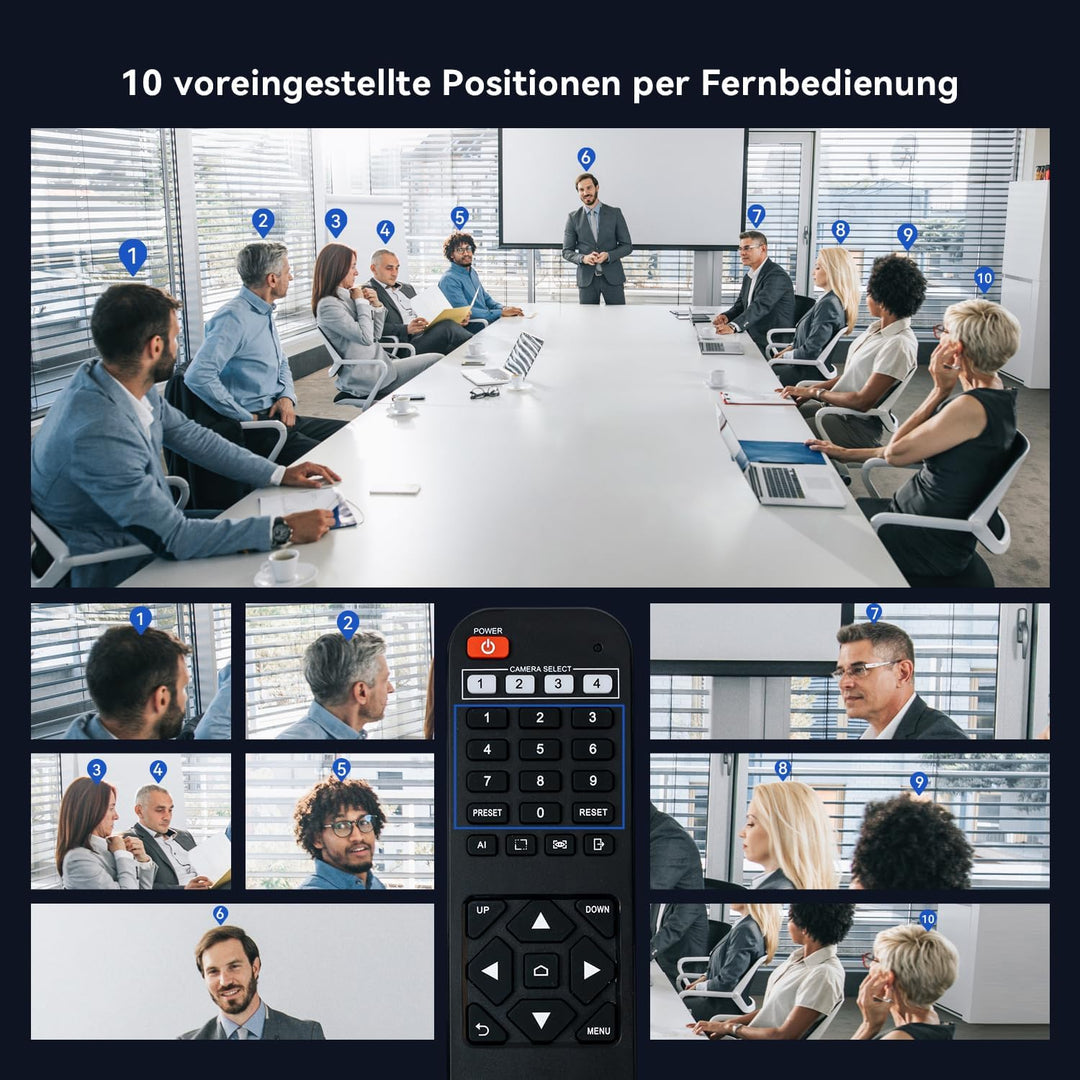 4K PTZ-Kamera mit KI-Autotracking, 3-fachem optischem Zoom, 92° Weitwinkel, USB 3.0 und HDMI. Konfer