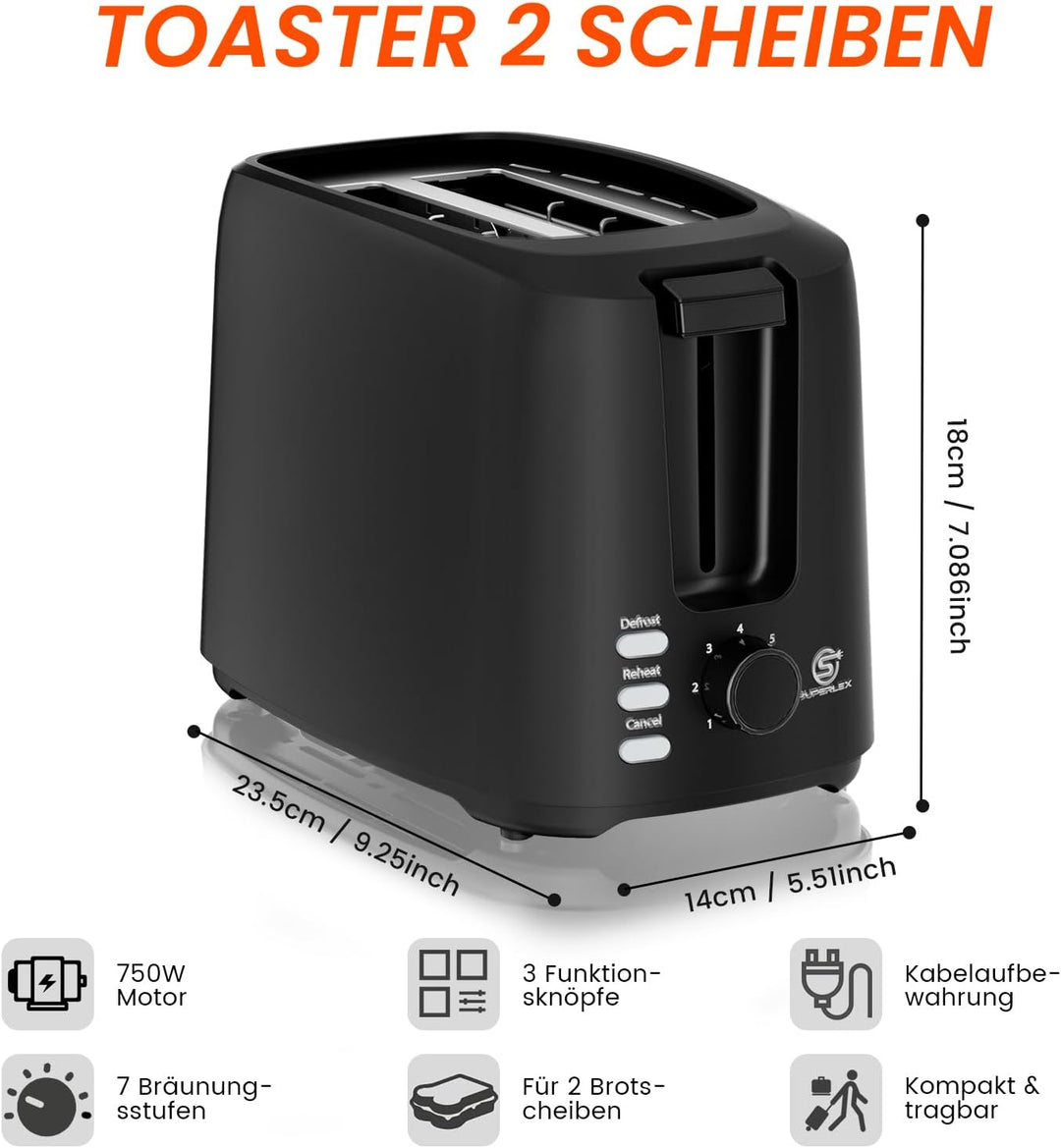 Toaster 2 Scheiben 750W Mini Toaster Schwarz Kompakt Design Mit 7 Bräunungsstufen Auftau Aufwärm Sto