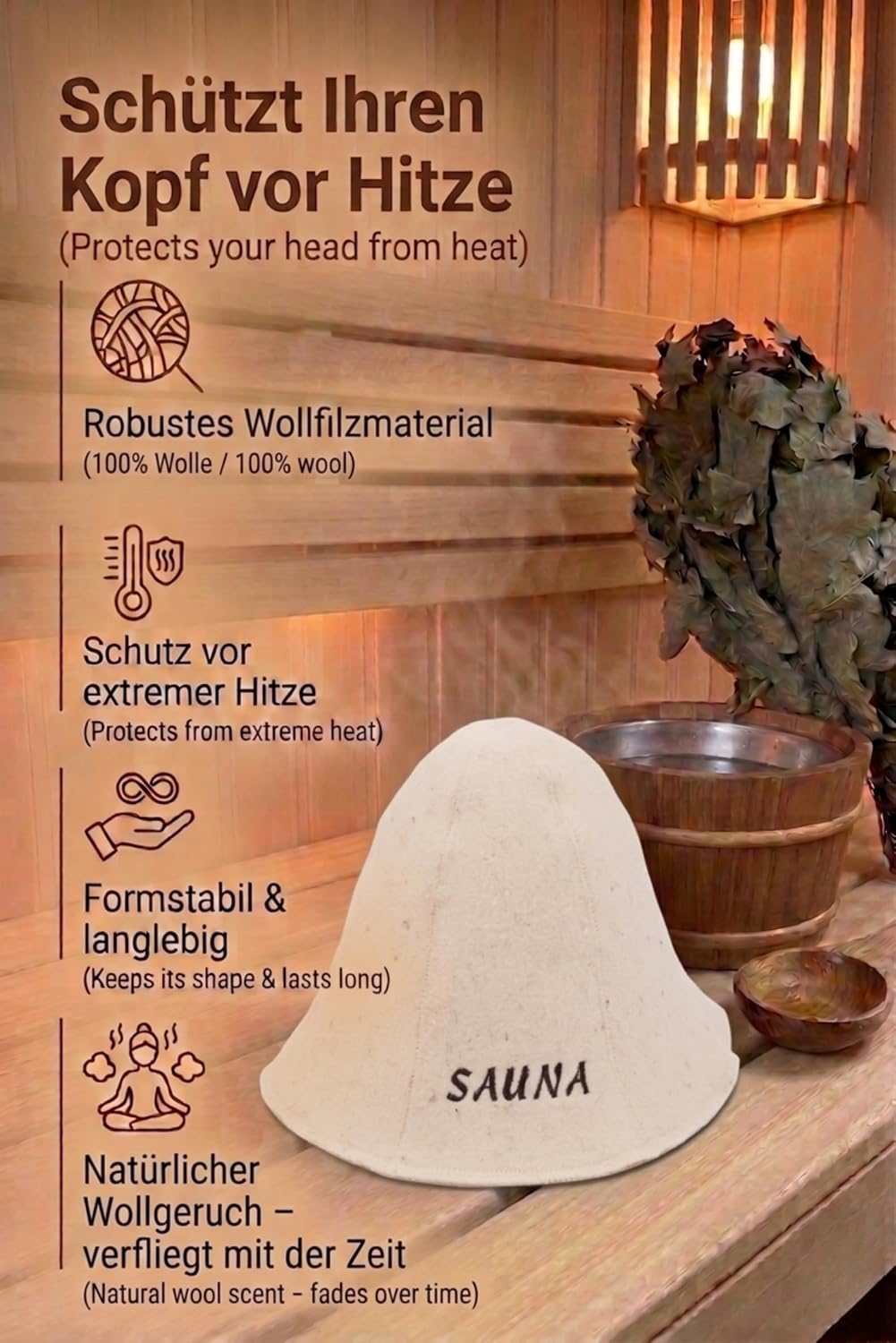 Ger3as Saunahut 100% Wolle mit Stickerei für Damen und Herren, Wellness Mütze Premium Qualität, Saun
