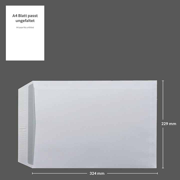 250 Stück, Versandtaschen, C4, ohne Fenster, weiss, Haftklebend, 229 x 324 mm, Briefumschläge, Kuver