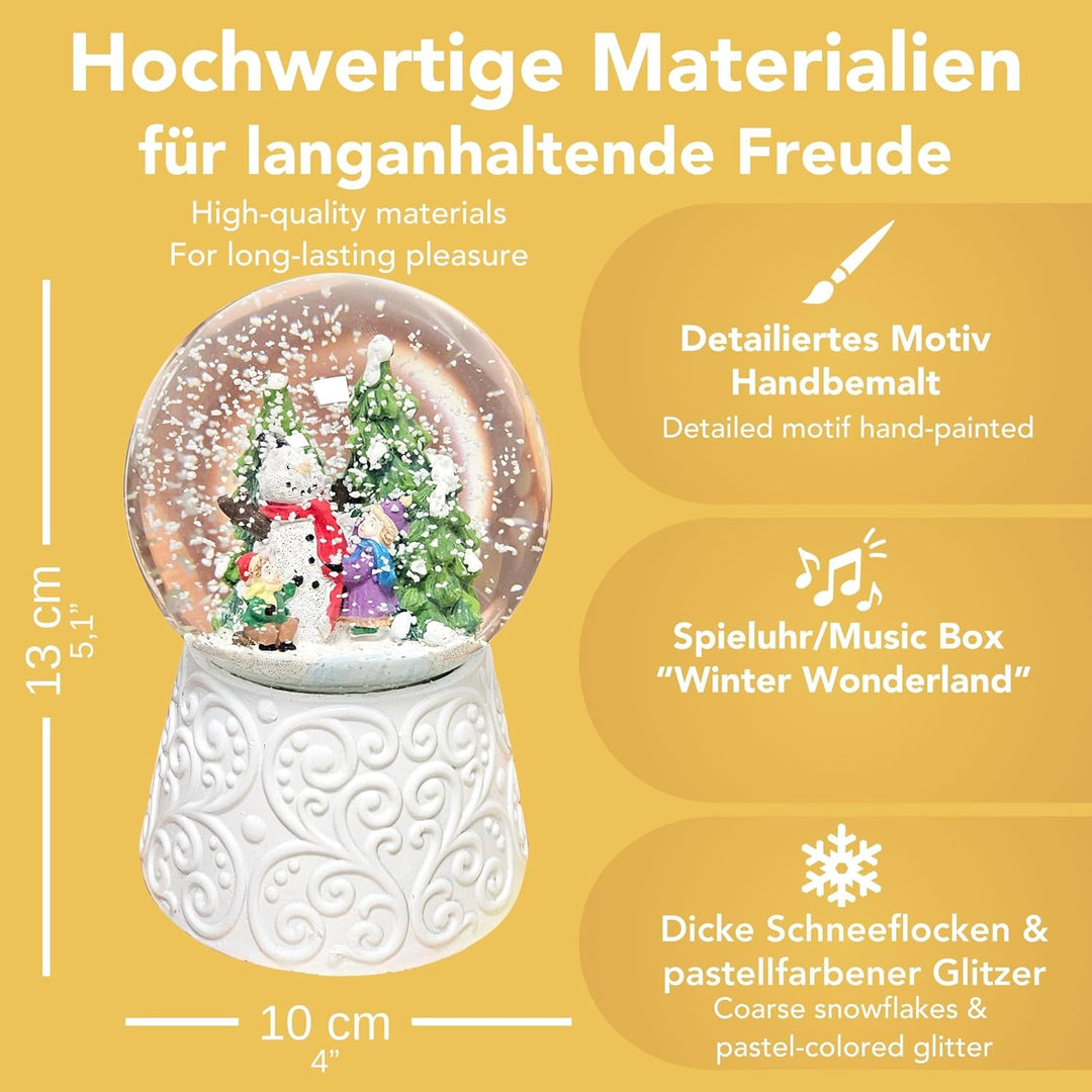 Schneekugel Weihnachten Spieluhr | Kinder Bauen Schneemann | Ornament Sockel weiss | Höhe 140mm Brei