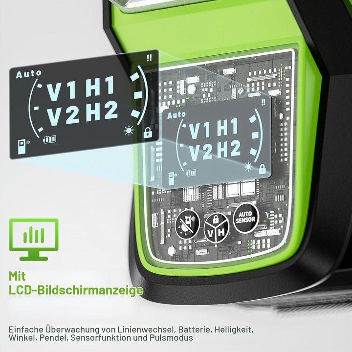 Huepar 4D 16-Linien-Laser, selbstnivellierendes Laserwerkzeug mit grünem Strahl, LCD-Bildschirm und