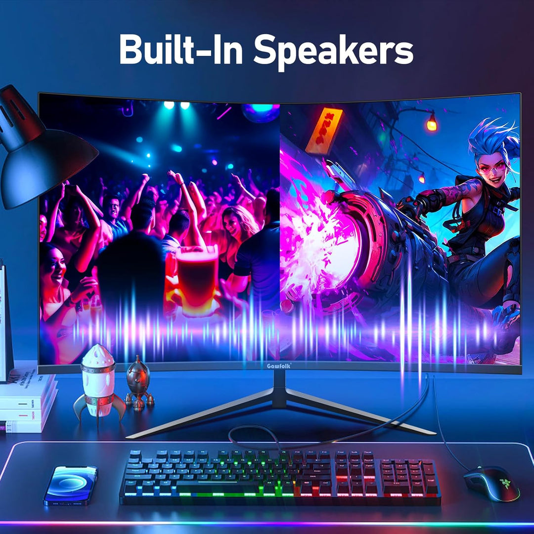Gawfolk Gaming Monitor 24 Zoll Curved 180Hz, 165Hz PC Monitor Full HD 1080P, Rahmenloses 2800R Compu