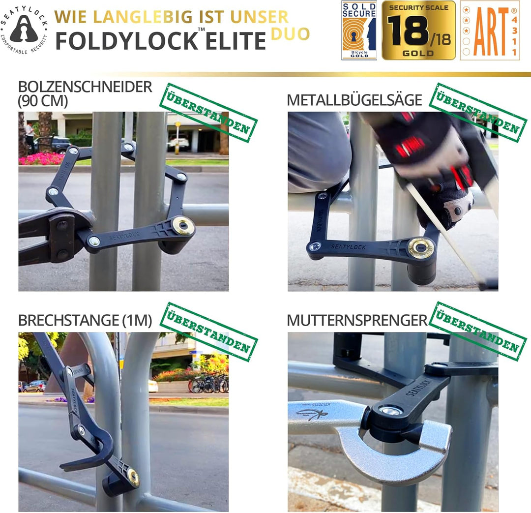 FoldyLock Elite 2x Fahrradschloss mit Schlüssel – Patentiertes Faltschloss Set mit Halterung - Tests
