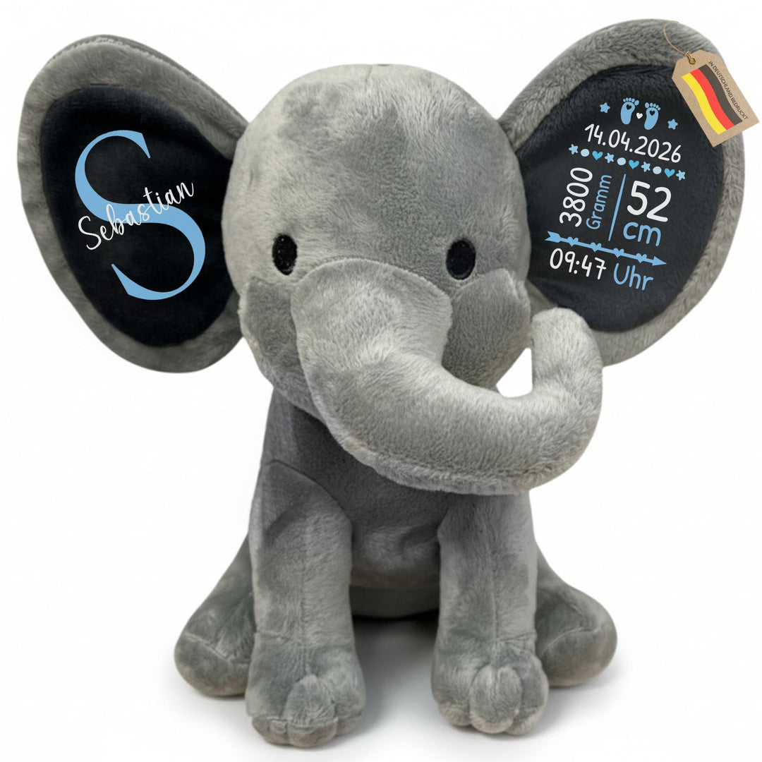 Plüschtier - Personalisiertes Babygeschenk zur Geburt Junge DEKO Elefant Kuscheltier mit Geburtsdate