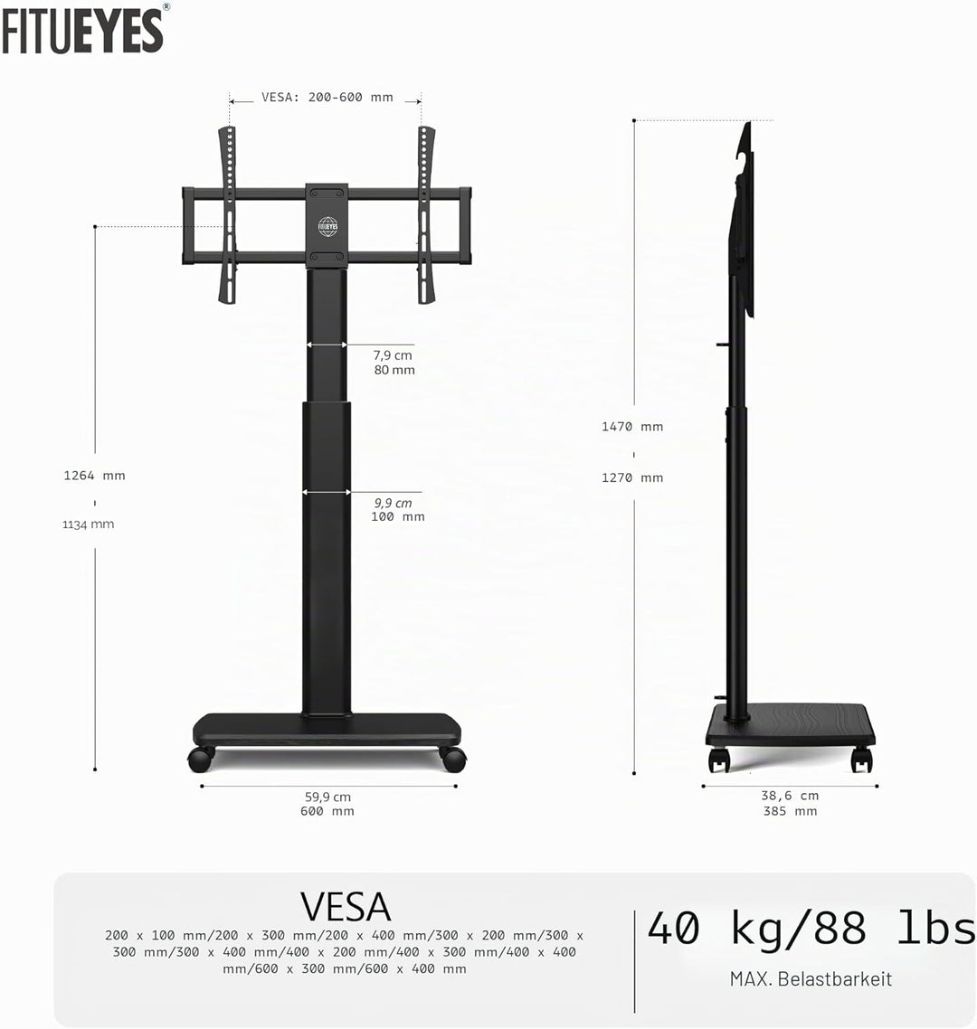 FITUEYES TV Bodenständer Rollbar mit Holzablage TV Standfuss TV Ständer Fernsehstand mit Rollen höhe