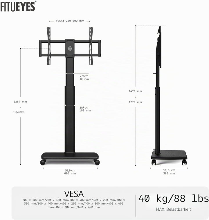 FITUEYES TV Bodenständer Rollbar mit Holzablage TV Standfuss TV Ständer Fernsehstand mit Rollen höhe