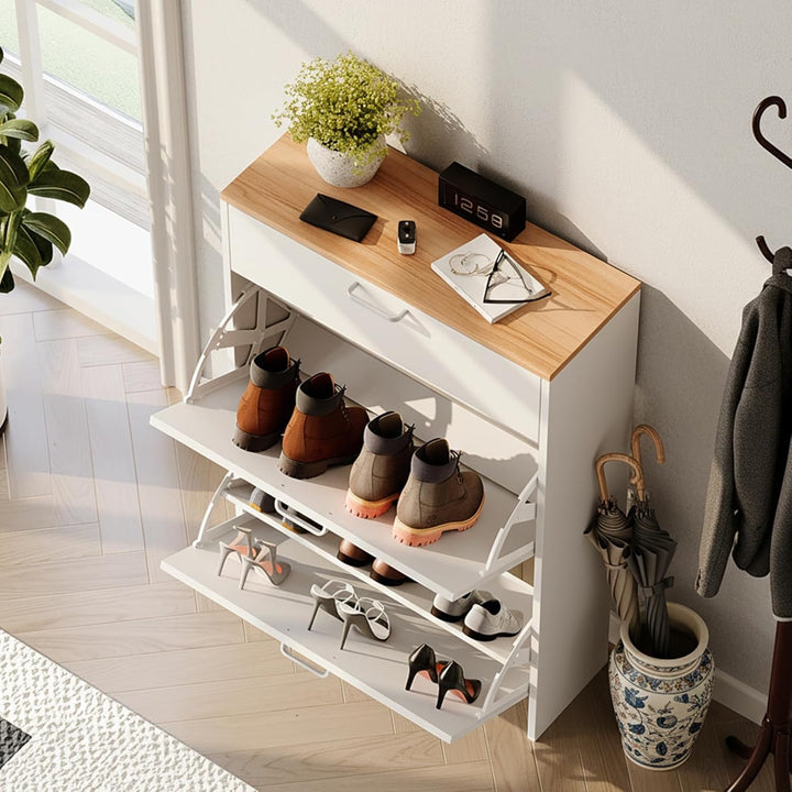 Bonnlo Schuhschrank mit 2 Klappen und 1 Schublade, Schuhregal Schmal, Schuhaufbewahrung, Schuhkipper