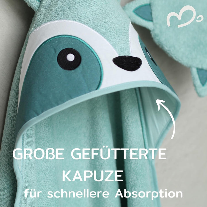 Kapuzenhandtuch Baby 100x100 cm mit Waschlappen – Bio Baumwolle – Babyhandtuch für Neugeborene &amp; Kle