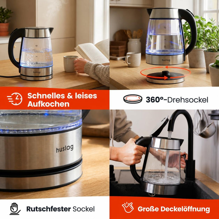 Wasserkocher Glas 1,7 Liter, 2200 Watt, LED-Beleuchtung, 100% BPA Frei, Verdicktes Glas Wasserkocher