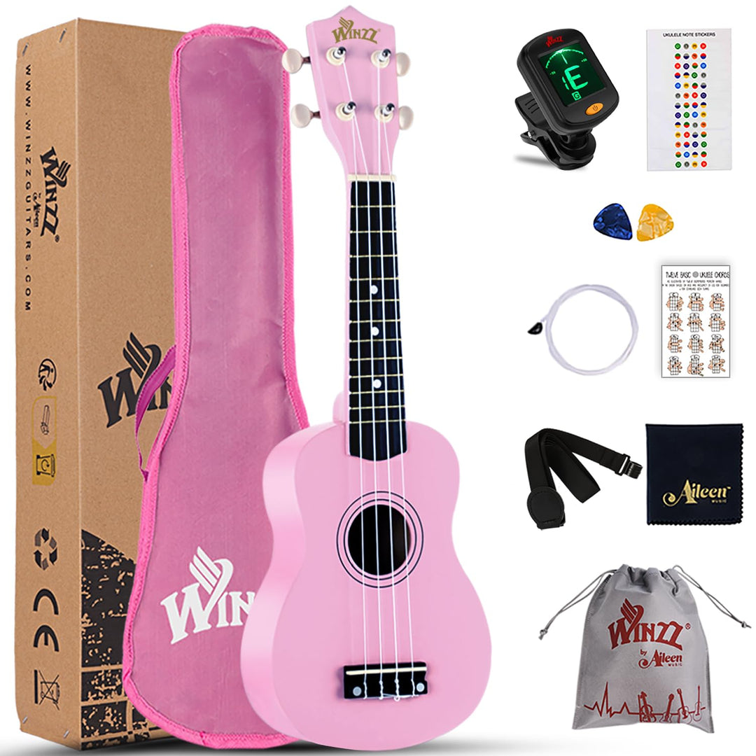 Winzz Sopran Ukulele Starter Kit für Anfänger mit Tasche, Clip-On Tuner, Zusätzlichen Saiten, Gurt,