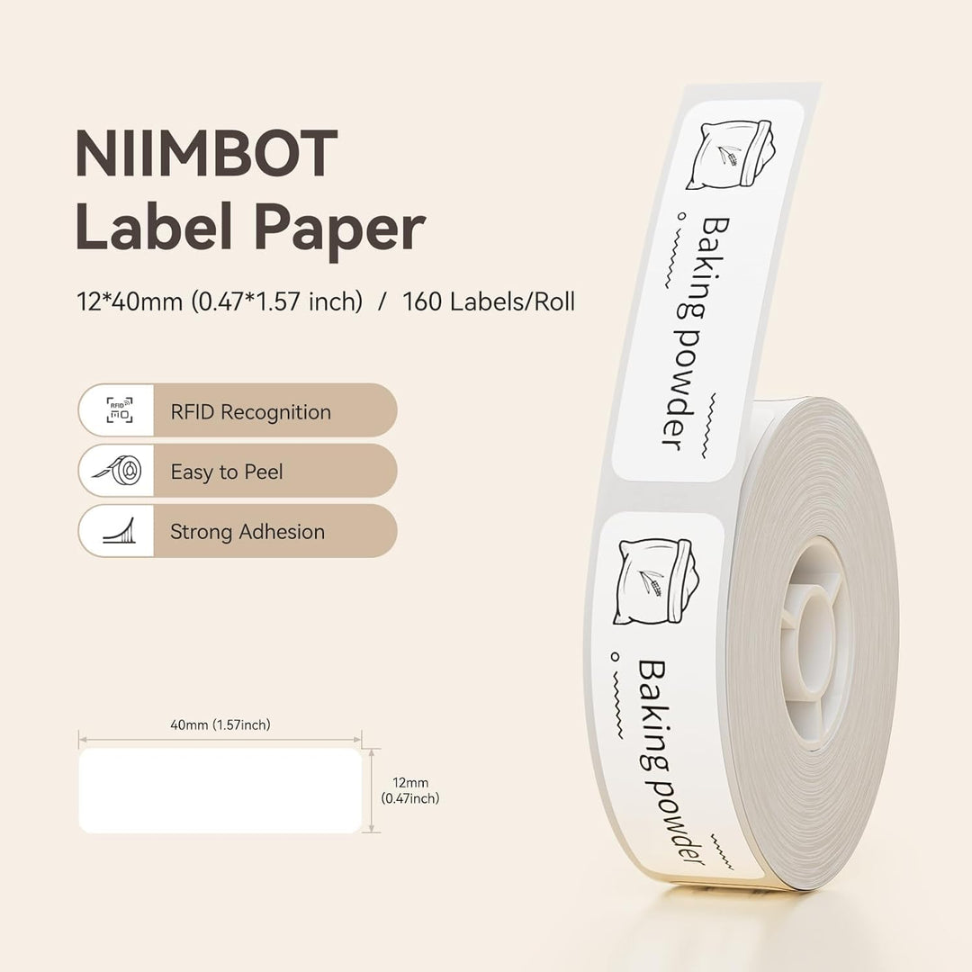 NIIMBOT Thermo Etiketten Selbstklebend, 12 x 40mm Etikettendrucker Thermopapier Kompatibel mit dem D