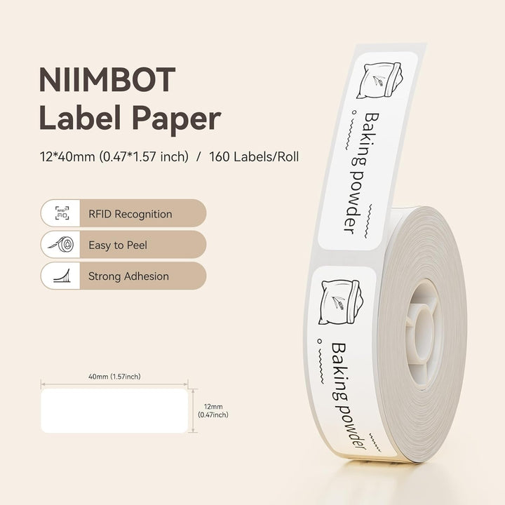 NIIMBOT Thermo Etiketten Selbstklebend, 12 x 40mm Etikettendrucker Thermopapier Kompatibel mit dem D
