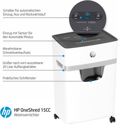 HP OneShred 15CC, Aktenvernichter, Sicherheitsstufe P-4, Cross Cut, 15 Blatt, 2803 Cross Cut 15 Blat