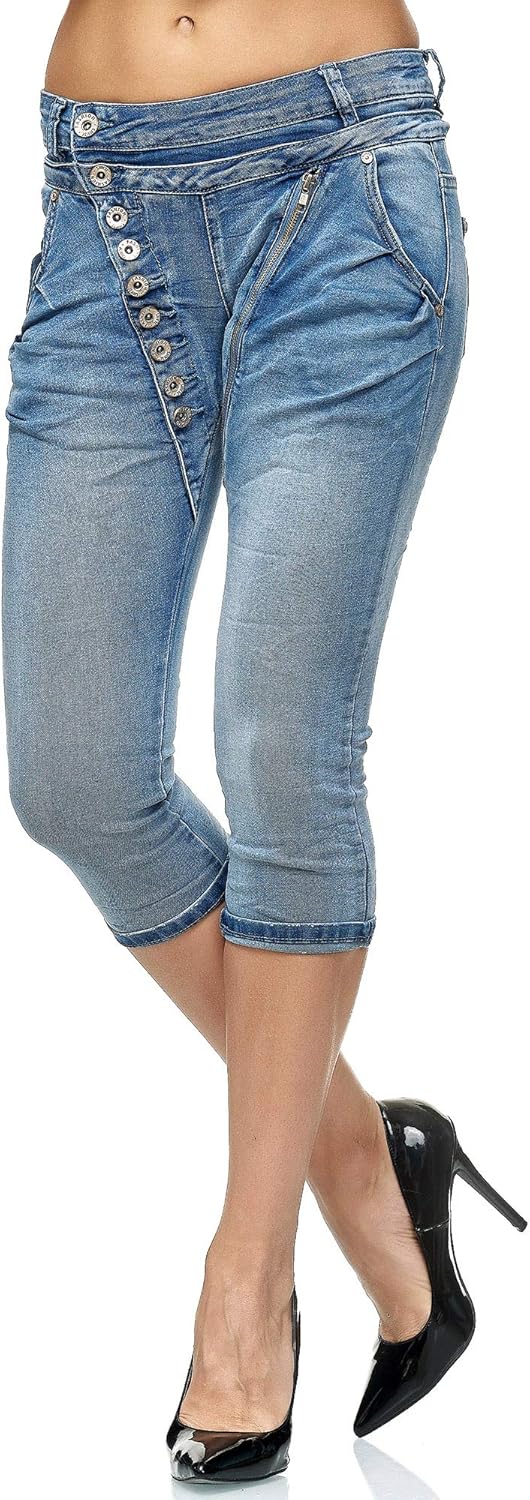 Elara Damen 3/4 Jeans Slim High Waist Capri Hose Chunkyrayan 38 Slim Blau, 42 Slim