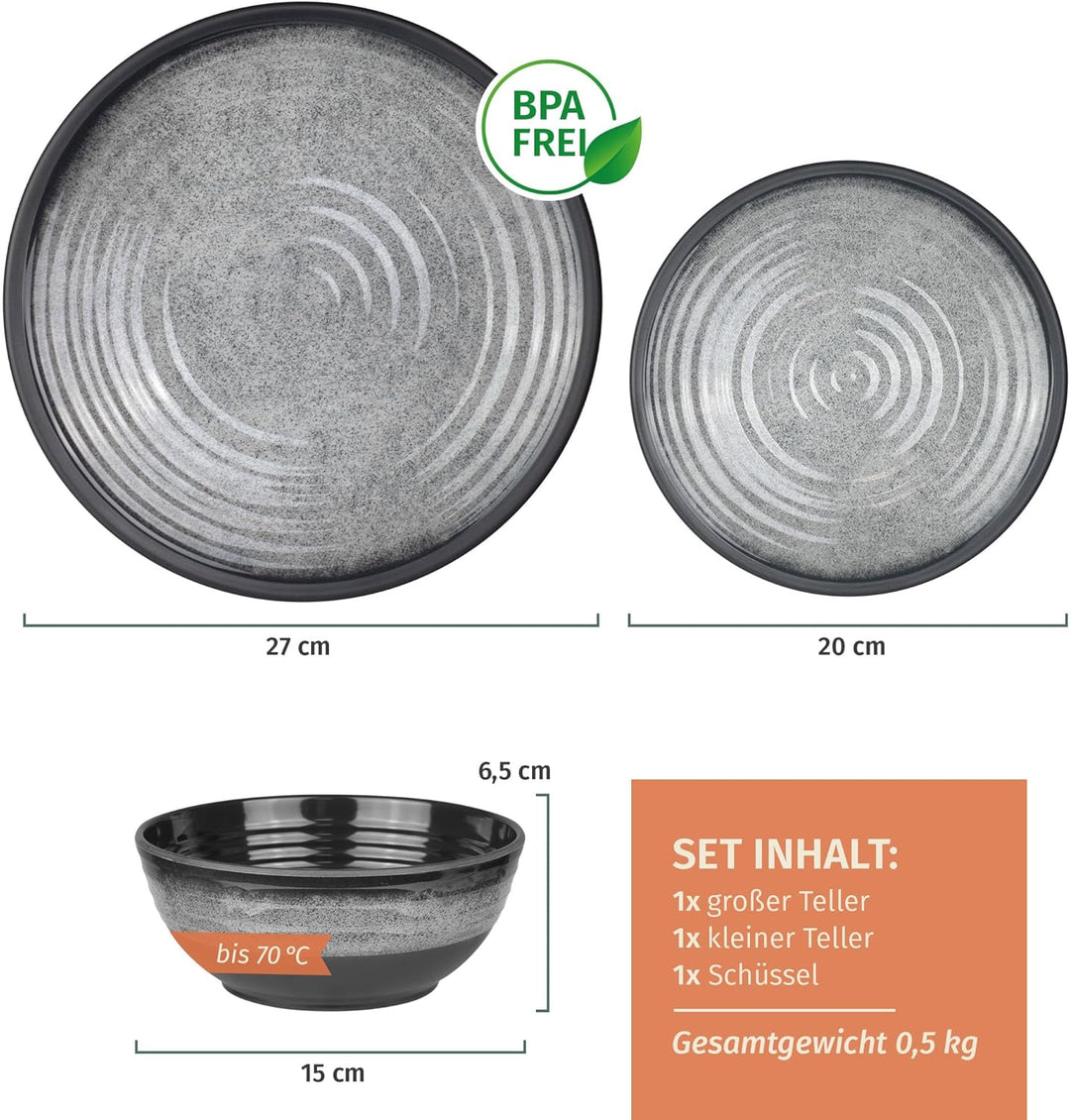 Camping Geschirr Set 1 Person 3-teilig | Melamin | Picknick Geschirrset | Campinggeschirr Stone Grey