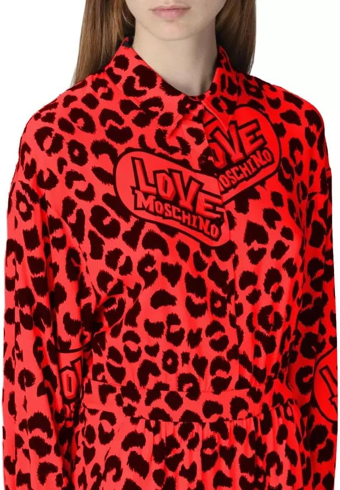 Love Moschino Damen Long Sleeves Shirt Fluid Stretch Viscose Fabric Dress 38 Red Black, 38 Red Black