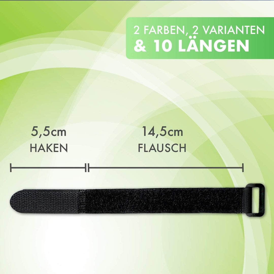 25x Klett Kabelbinder 20 cm - schwarz mit Schnalle - wiederverschliessbares Klettband 20cm mit Öse -