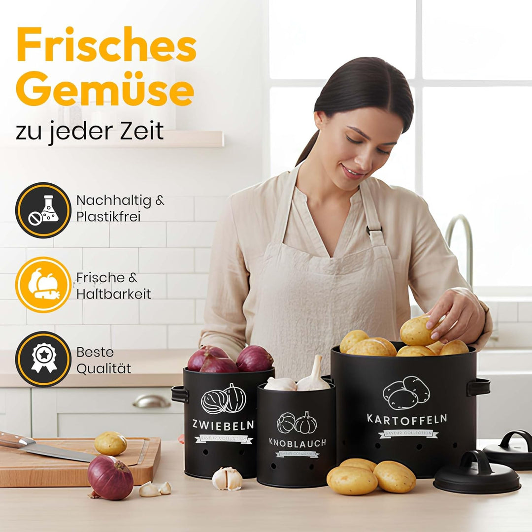 AH® Kartoffel Aufbewahrungsbox [3er Set] inkl. Gemüsebürste- längere Haltbarkeit durch 360° Luftzirk