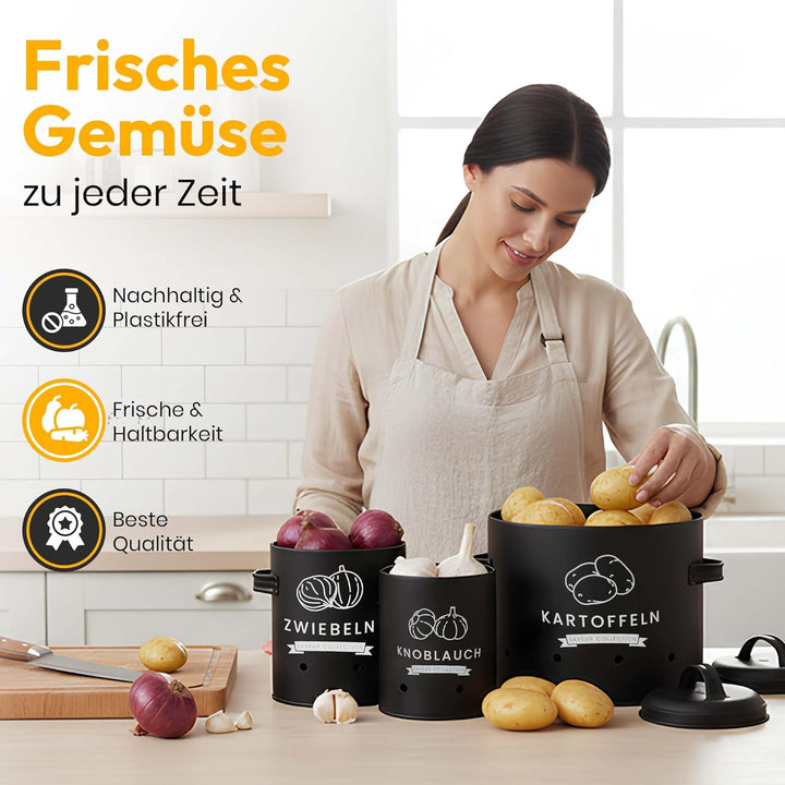 AH® Kartoffel Aufbewahrungsbox [3er Set] inkl. Gemüsebürste- längere Haltbarkeit durch 360° Luftzirk