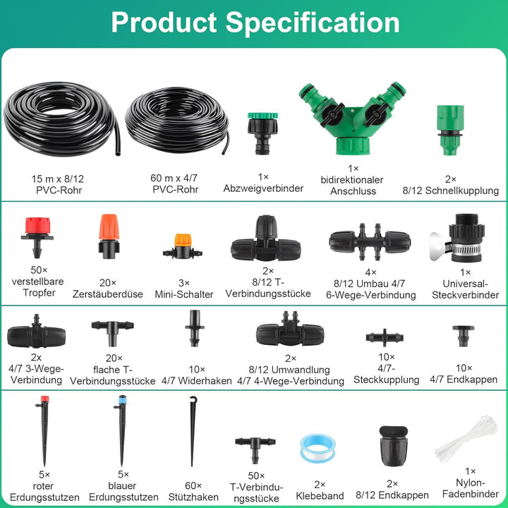 315PCS Bewässerung Garten Set 60+15M DIY Garten Bewässerungssystem Gartenbewässerung Pflanzen Bewäss