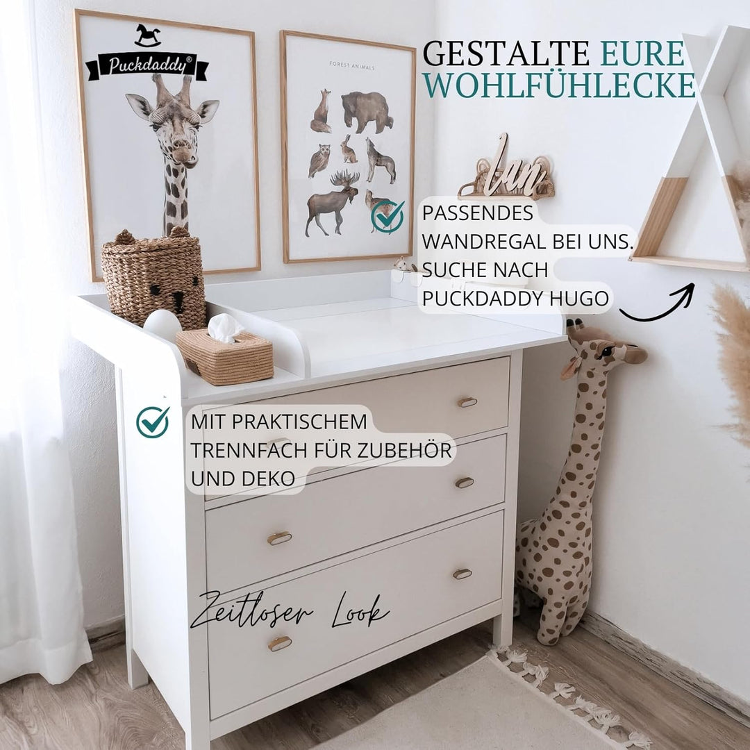 Puckdaddy Kimi | XXL Wickelaufsatz kompatibel mit Hemnes Kommoden u.Ä. | 108x80x10 cm | weisses MDF-