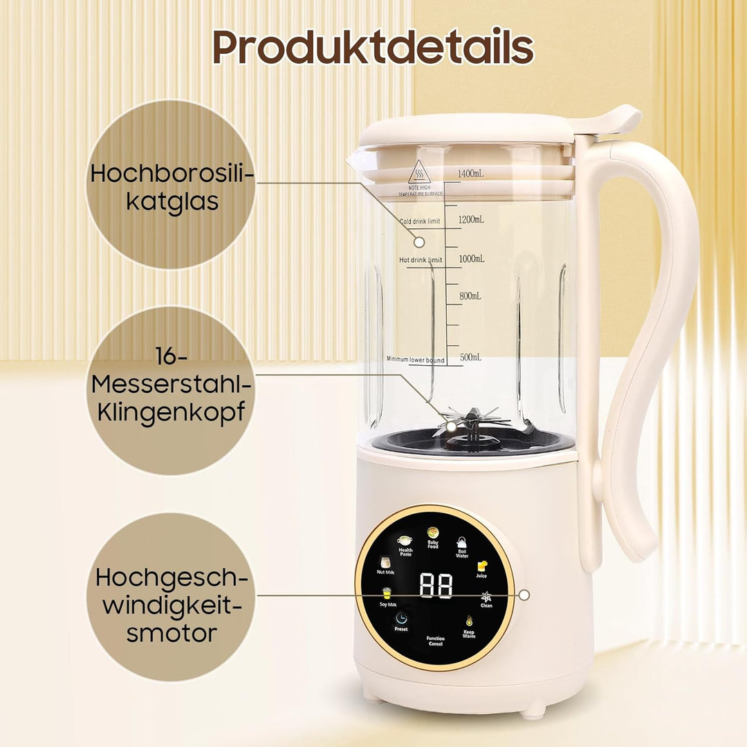 Sojamilch Maschine, 1400ml Automatische Nussmilchmaschine mit 16 Klingen, LED Anzeige, Verzögerungss