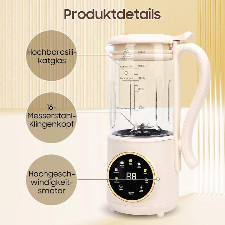 Sojamilch Maschine, 1400ml Automatische Nussmilchmaschine mit 16 Klingen, LED Anzeige, Verzögerungss