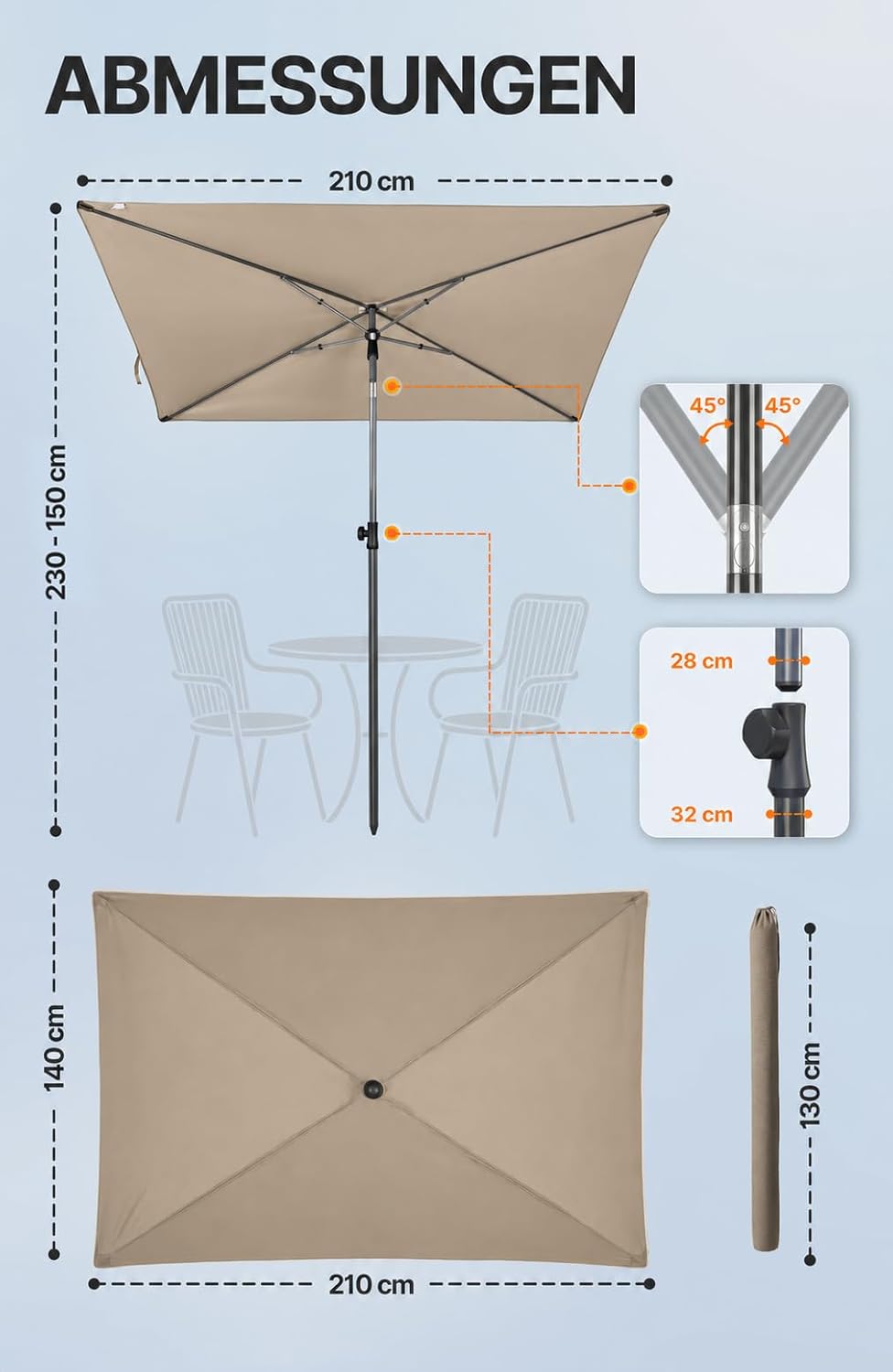 4smile SunnyShade Balkonschirm Rechteckig 210x140 cm, Sonnenschirm Balkon mit UPF 50+, Sonnenschutz