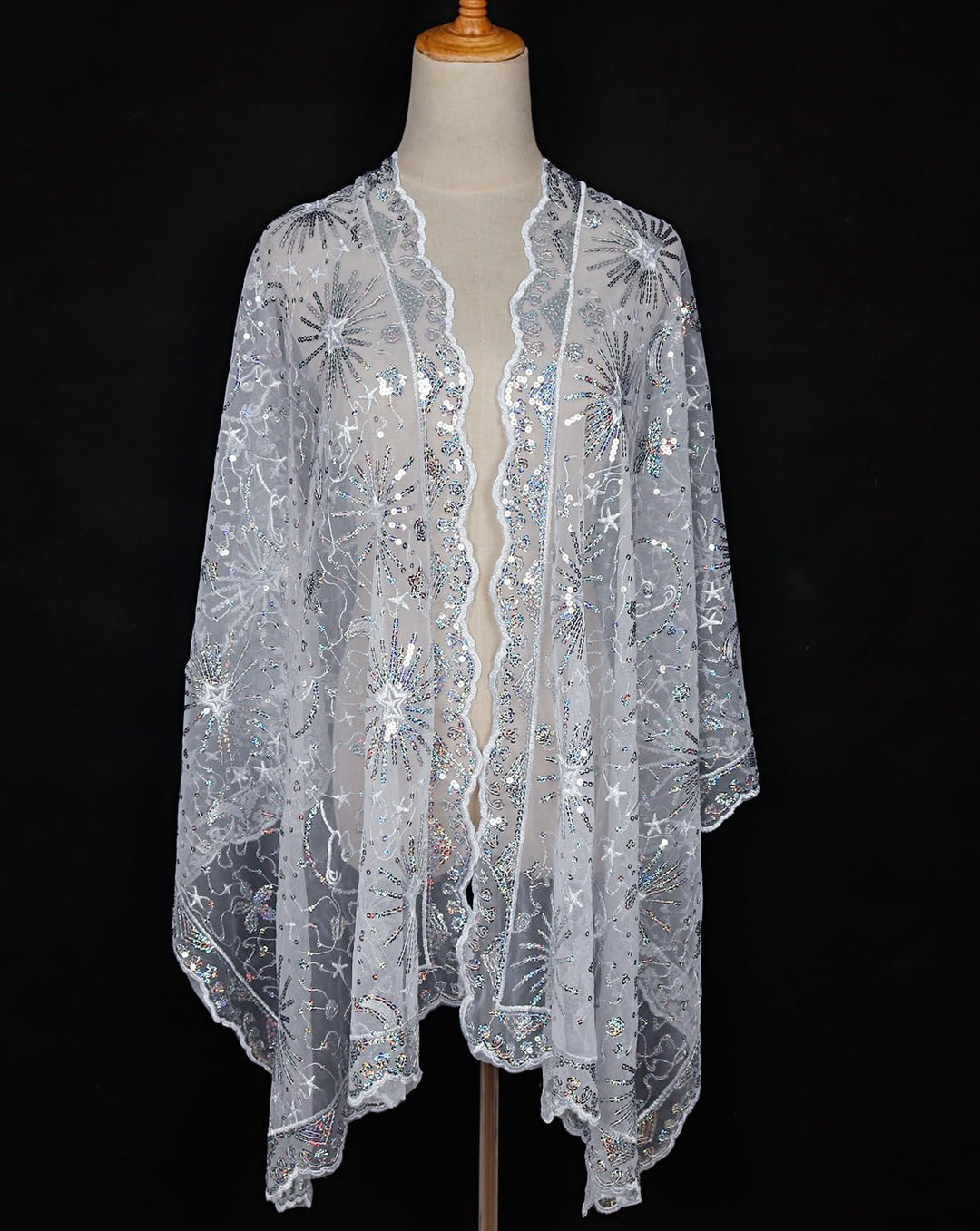 keland Damen Festlich Pailletten Umhang Schal Schultertuch Stola Tuch für Abendkleid A-weiss, A-weis