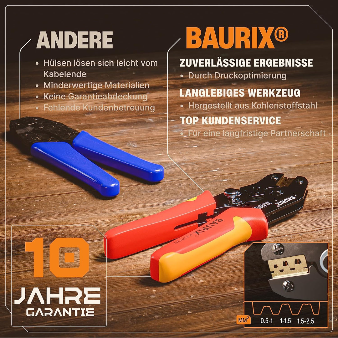 BAURIX® Crimpzange I Krimpzange für 0,50-2,50 mm² Steckverbinder I Crimpzange einzeln I Crimp Zange