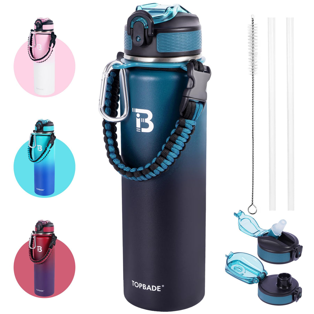 TOPBADE Edelstahl Trinkflasche Sport mit Strohhalm Deckel & no Strohhalm Deckel, 700ml BPA-Frei Ausl