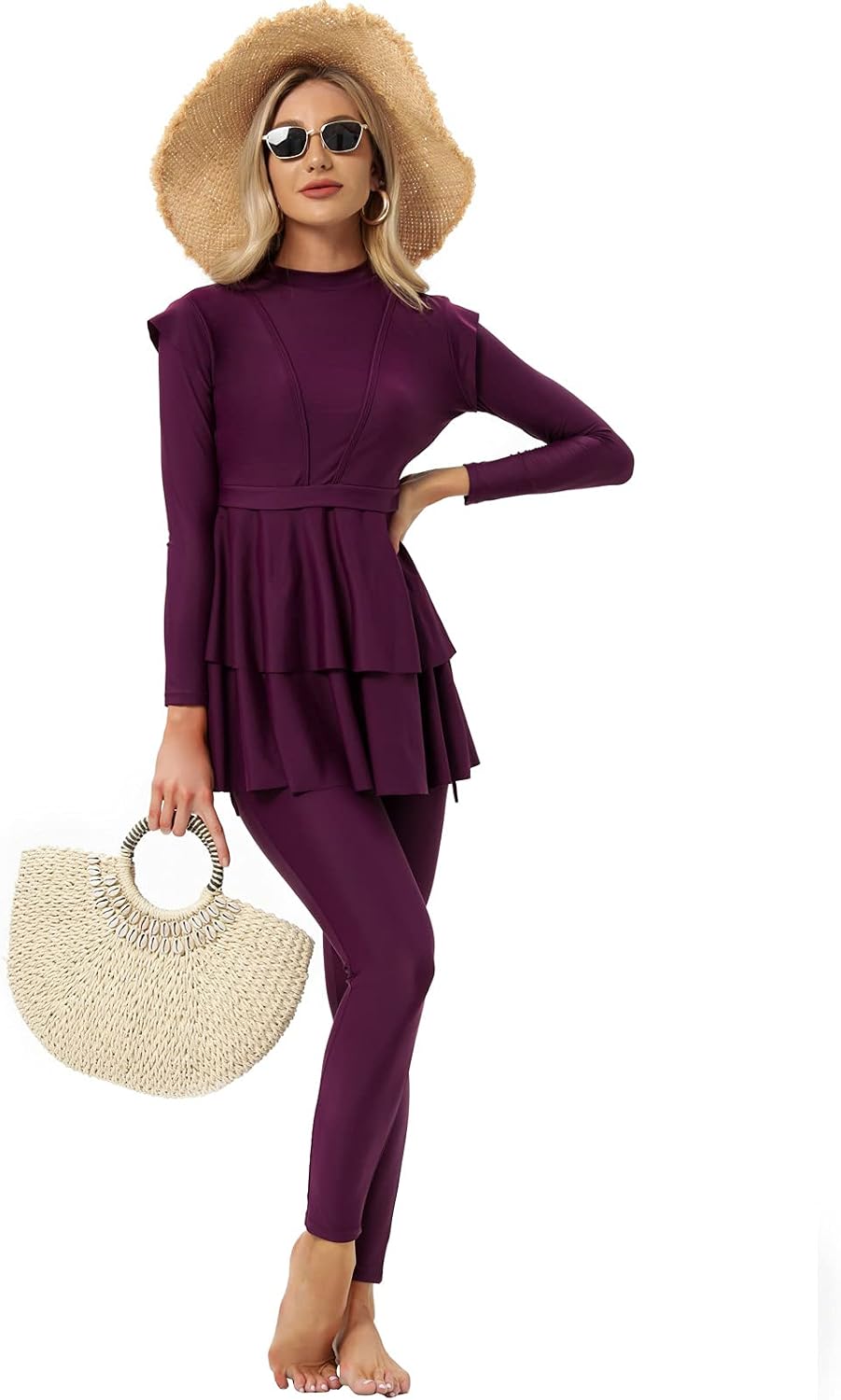 seafanny Damen Modest Badeanzug Langarm Burkini Full Cover Muslim Badeanzug 36 Wein Rot, 36 Wein Rot