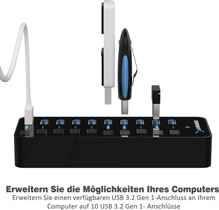 Sabrent USB Hub aktiv 3.0 mit netzteil 60W 10port, USB Adapter mehrfach Verlängerung, USB Verteiler,