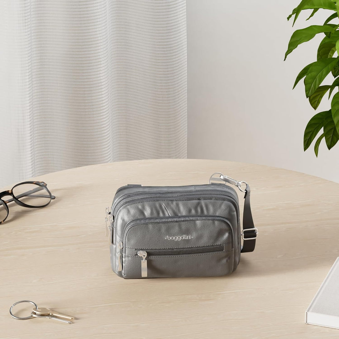 Baggallini Triple Zip Mini Sac bandoulière, Gris Charcoal, Charcoal