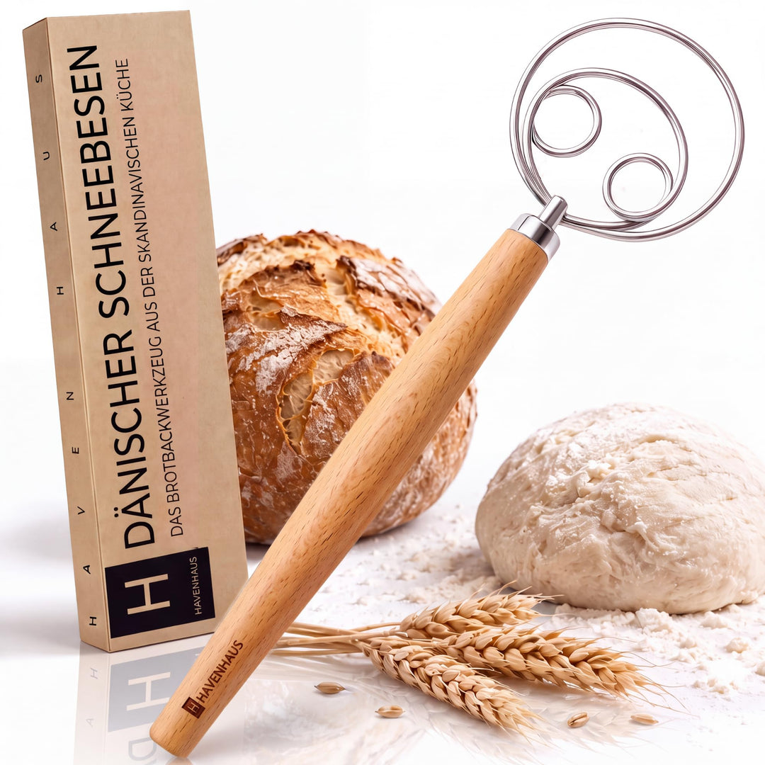 HAVENHAUS Backset Brotkorb Dänisch - Gärkörbchen Backen Set Sauerteig Brot Dänischer Schneebesen Gär