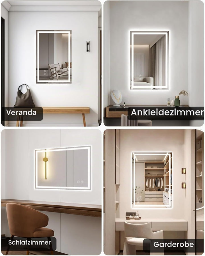 Badspiegel mit Beleuchtung, 60x80cm LED Bad Spiegel mit Licht Mit 3000k/4000k/6000k, Spiegel mit Bel