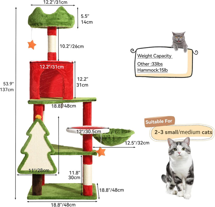 YITAHOME 137cm grosser Kratzbaumturm mit Eigentumswohnungen, oberen Sitzstangen, Hängematte, Pfosten